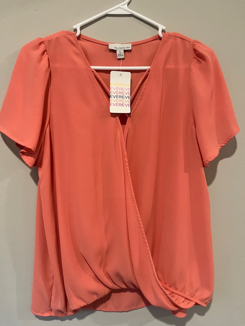 Allison Joy Coral-Peach Faux Wrap Short Sleeve Blouse - V-Neck